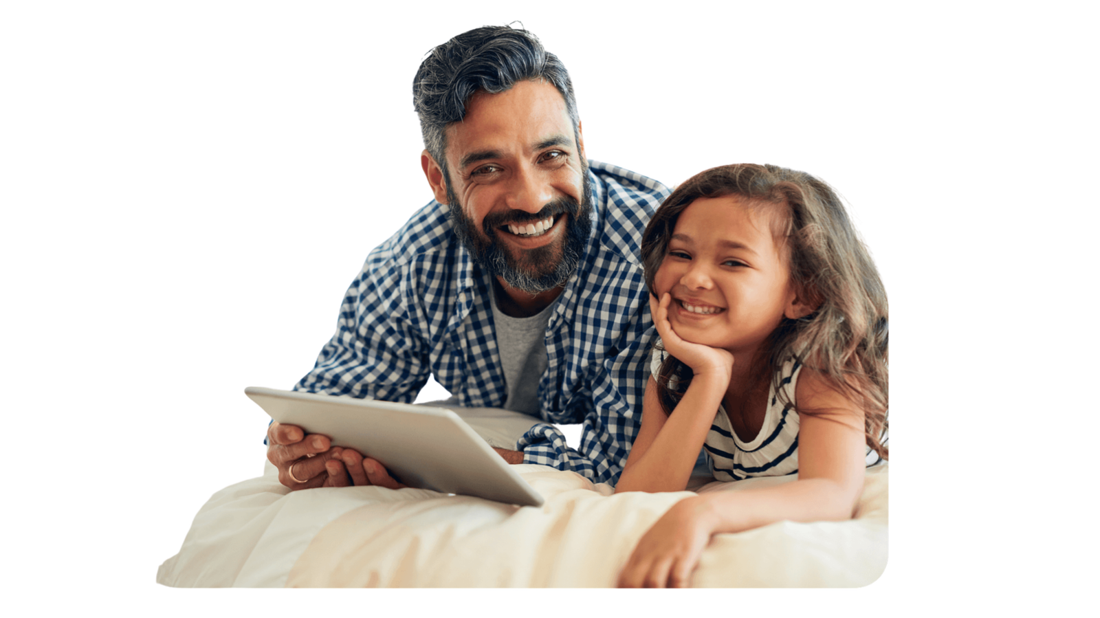 Dad and daughter enjoying an ebook together on a tablet